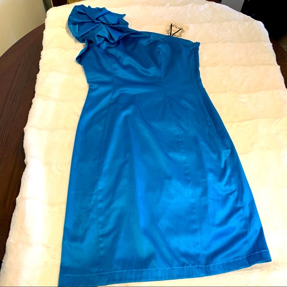 Blue One Shoulder Ruffle Cocktail Party Dress - Picture 3 of 15